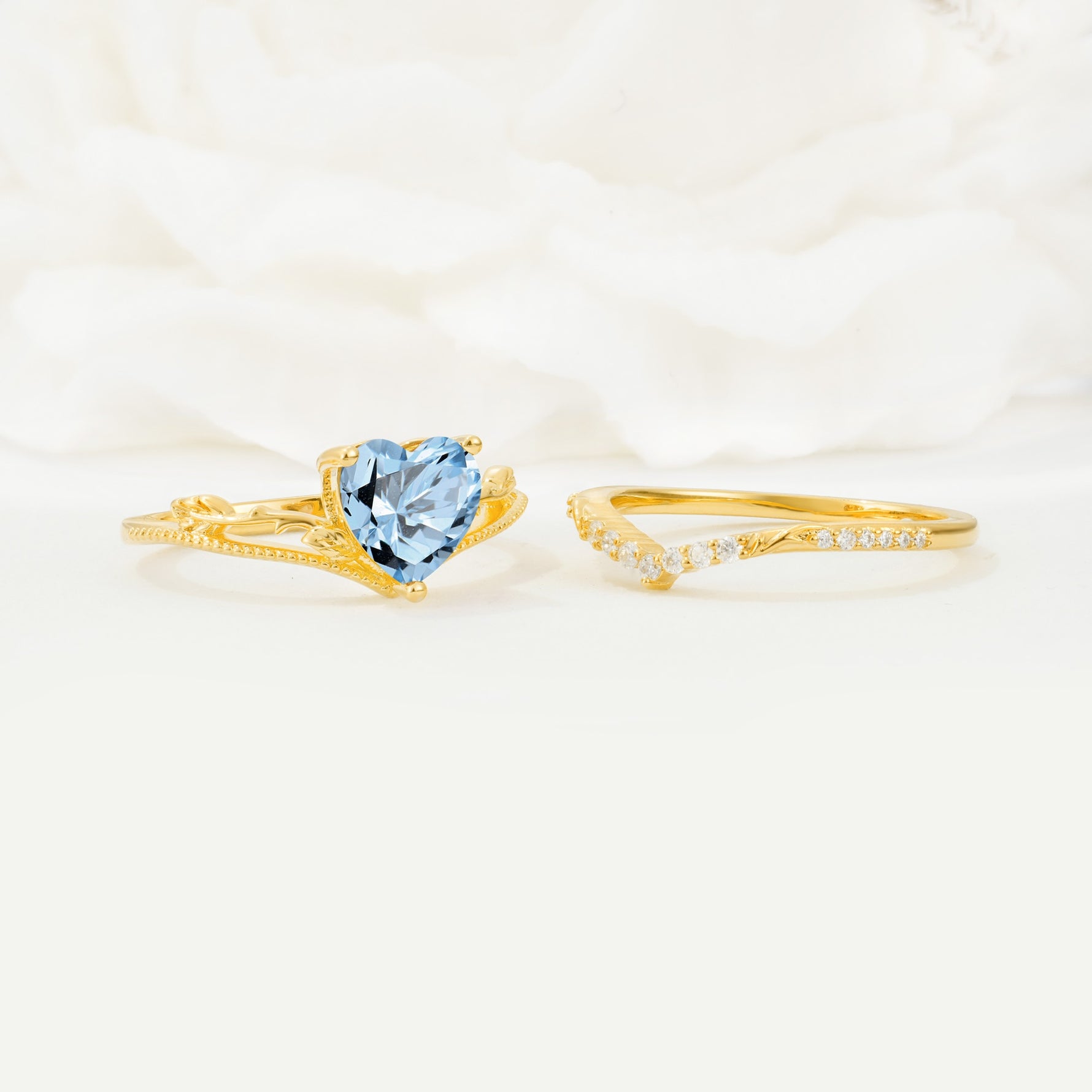 Nature Inspired Heart Cut Aquamarine Bridal Ring Set - Additional view
