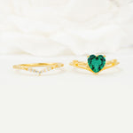 Nature Inspired Heart Cut Emerald Bridal Ring Set - White-Gold