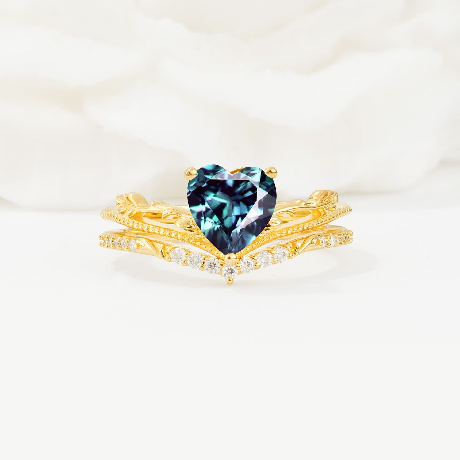Nature Inspired Heart Cut Alexandrite Bridal Ring Set - Yellow-Gold