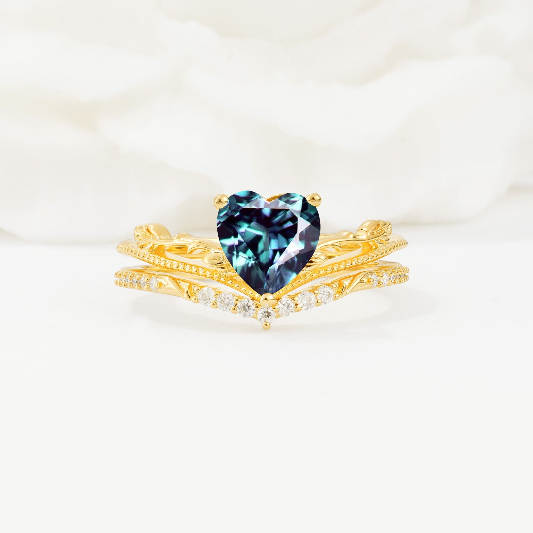 Nature Inspired Heart Cut Alexandrite Bridal Ring Set - Yellow-Gold