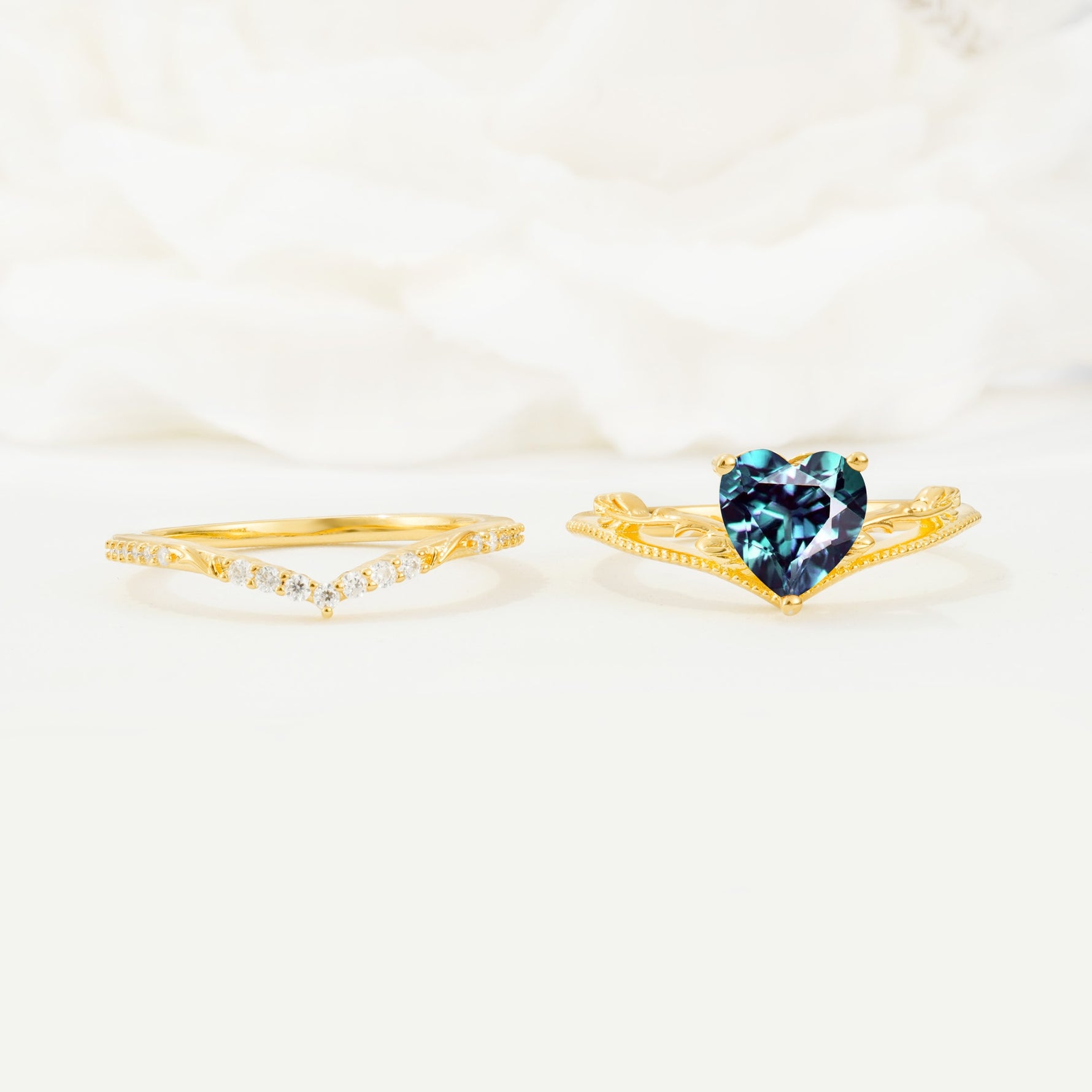 Nature Inspired Heart Cut Alexandrite Bridal Ring Set - White-Gold