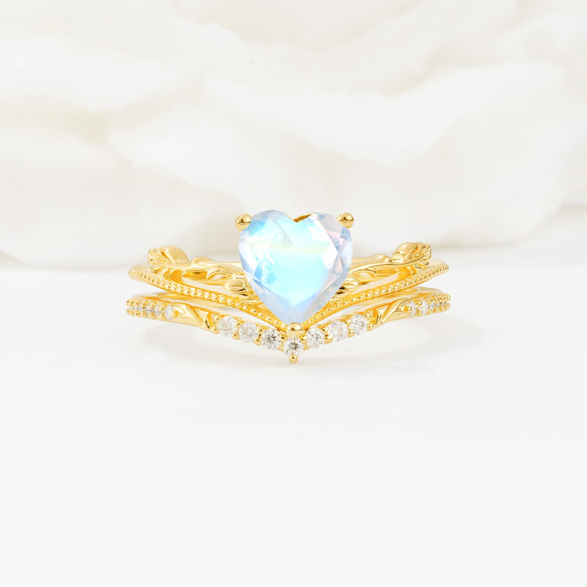 Nature Inspired Heart Cut Moonstone Bridal Ring Set - Yellow-Gold