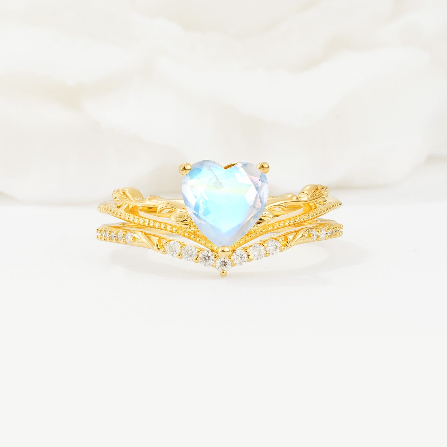 Nature Inspired Heart Cut Moonstone Bridal Ring Set - Yellow-Gold