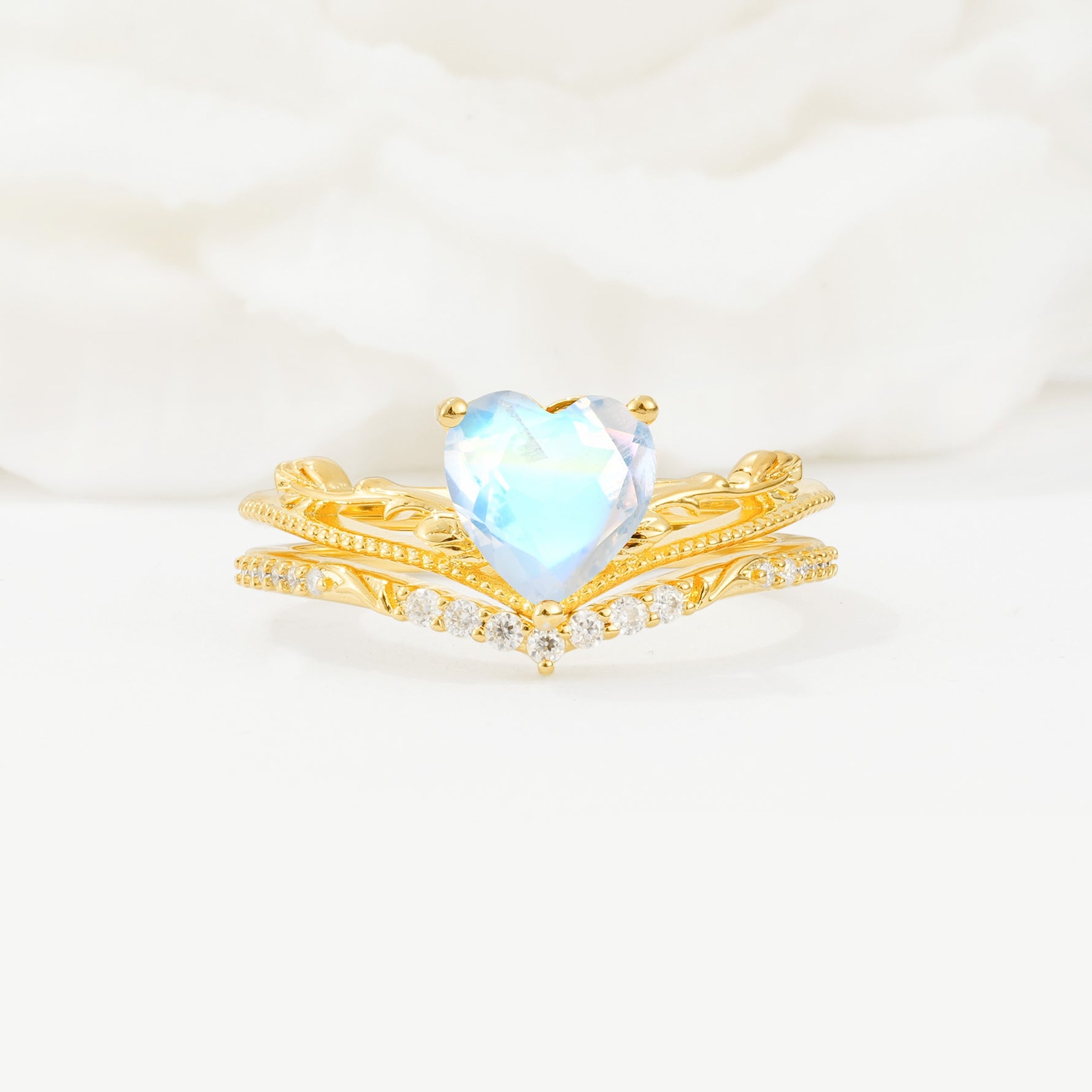 Nature Inspired Heart Cut Moonstone Bridal Ring Set - Yellow-Gold