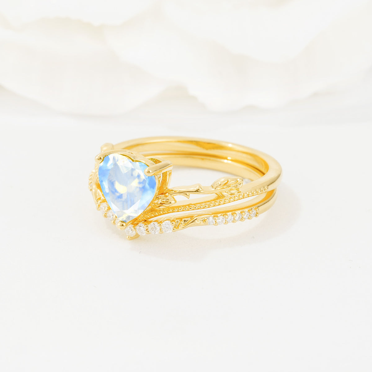 Nature Inspired Heart Cut Moonstone Bridal Ring Set - Rose-Gold