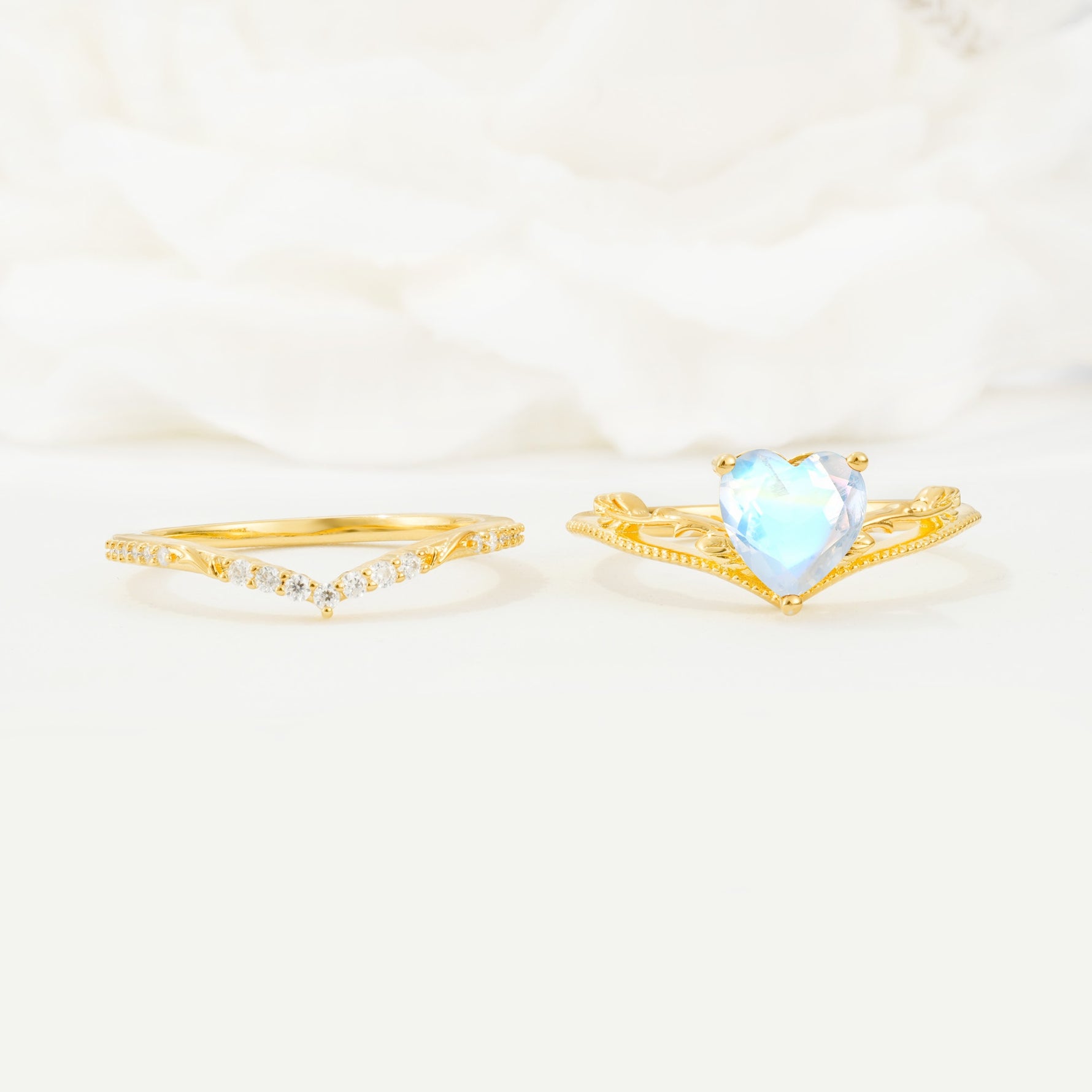 Nature Inspired Heart Cut Moonstone Bridal Ring Set - White-Gold
