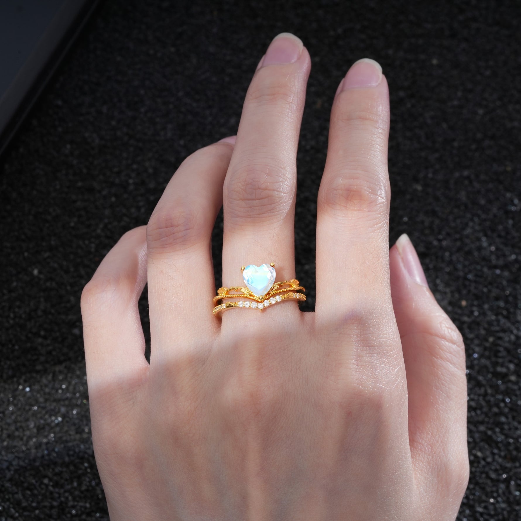 Nature Inspired Heart Cut Moonstone Bridal Ring Set - Additional view
