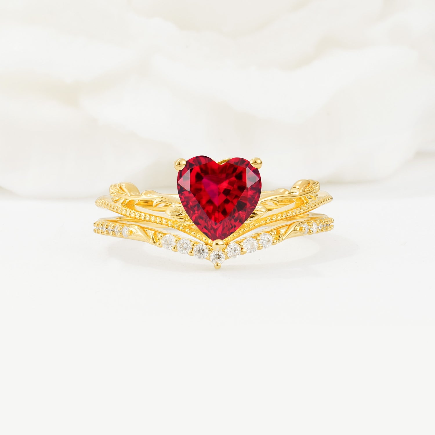 Nature Inspired Heart Cut Ruby Bridal Ring Set - Yellow-Gold