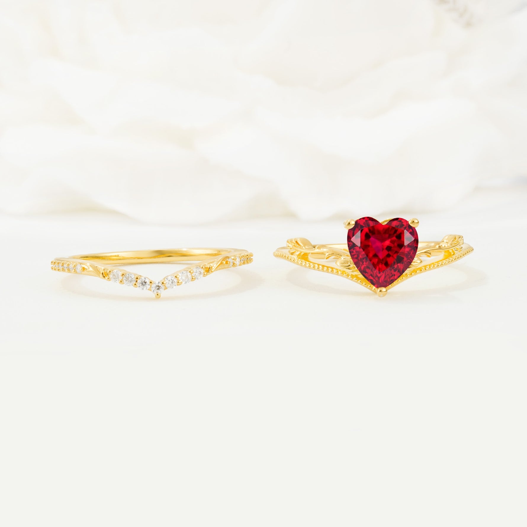 Nature Inspired Heart Cut Ruby Bridal Ring Set - White-Gold