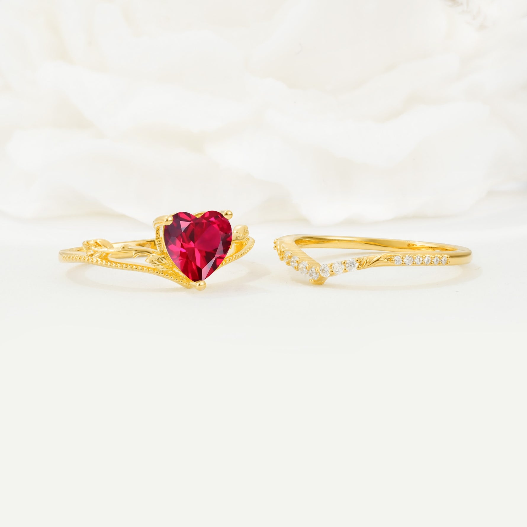 Nature Inspired Heart Cut Ruby Bridal Ring Set - Additional view