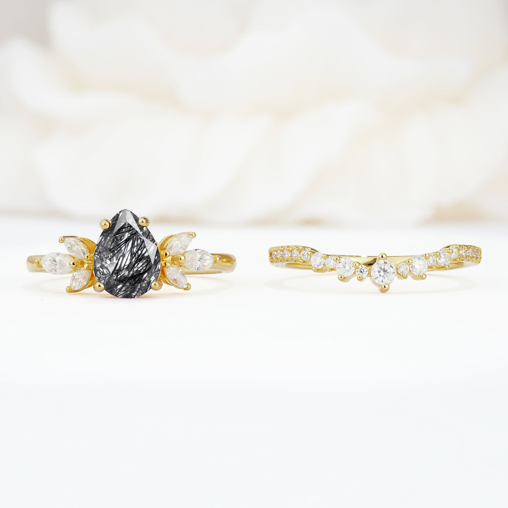 SR17165 Black Rutilated Quartz Ring - White-Gold