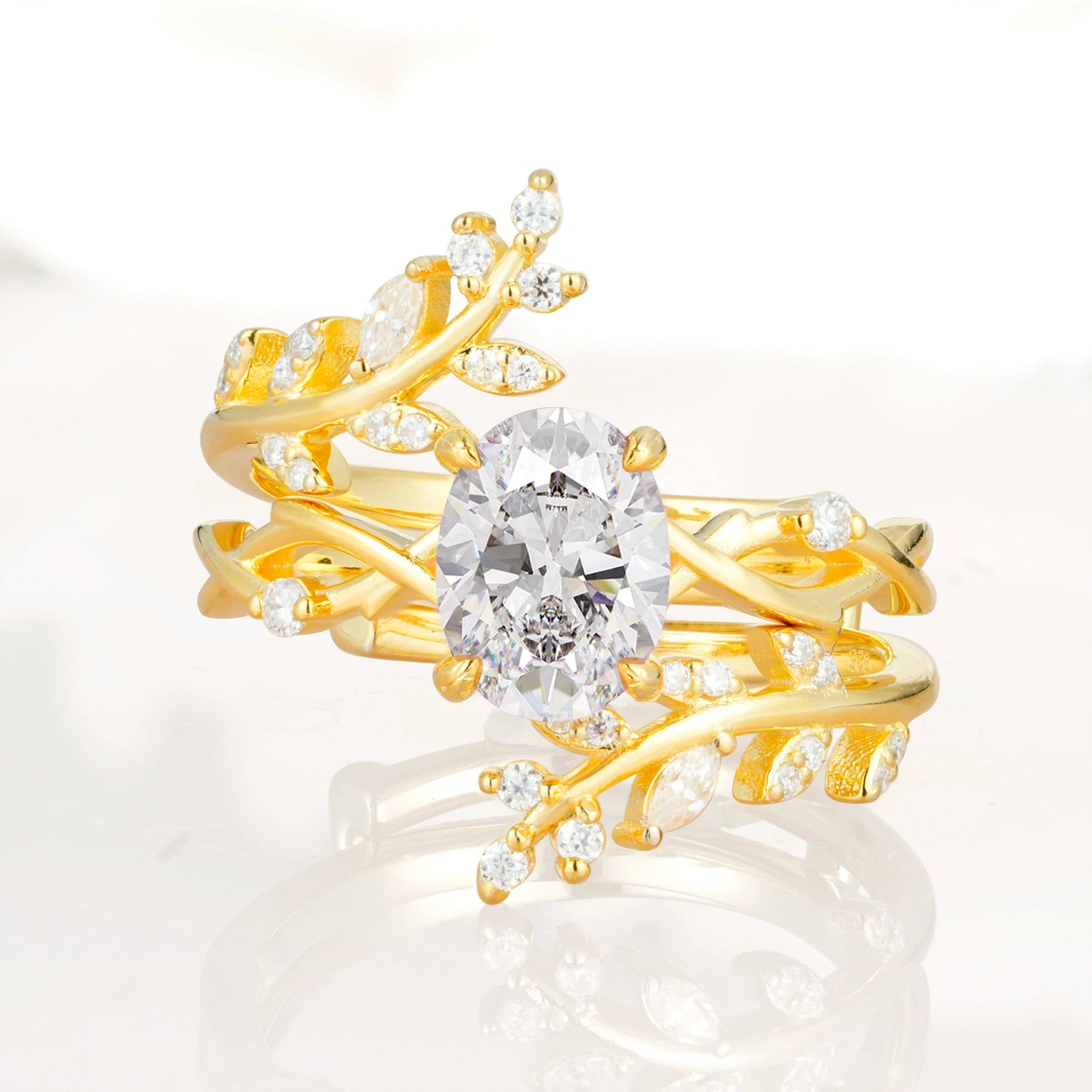 Vine Leaf Stackable Moissanite Bridal Ring Set- Oval Center Stone for Women