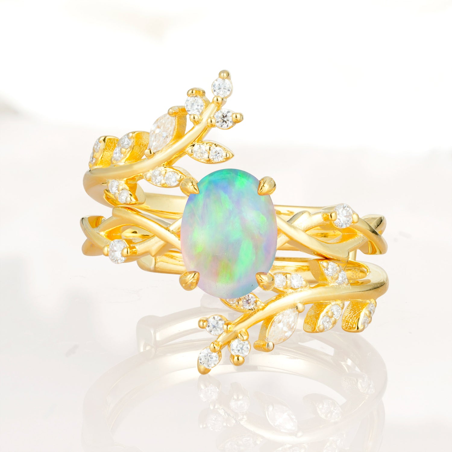 Vine Leaf Stackable Opal Bridal Ring Set - Oval Center Stone for Women