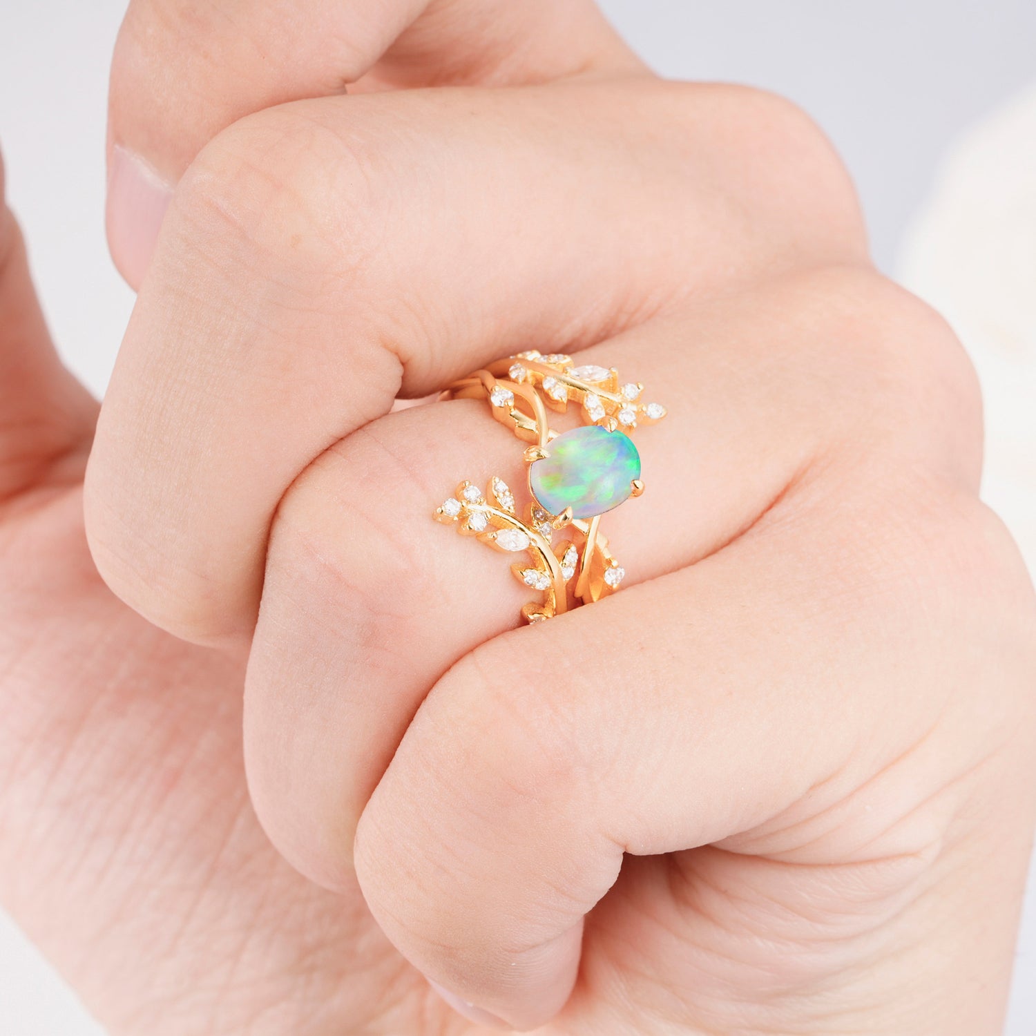 Vine Leaf Stackable Opal Bridal Ring Set - Oval Center Stone for Women