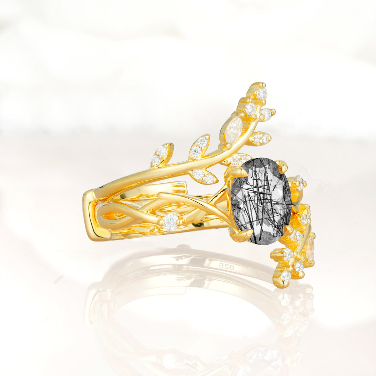 SR17167 Black Rutilated Quartz Ring - White-Gold