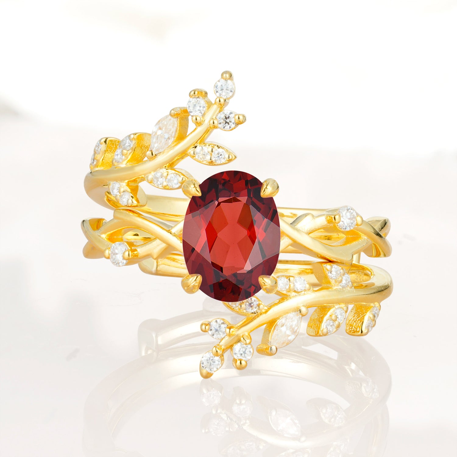 Vine Leaf Stackable Garnet Bridal Ring Set - Oval Center Stone for Women