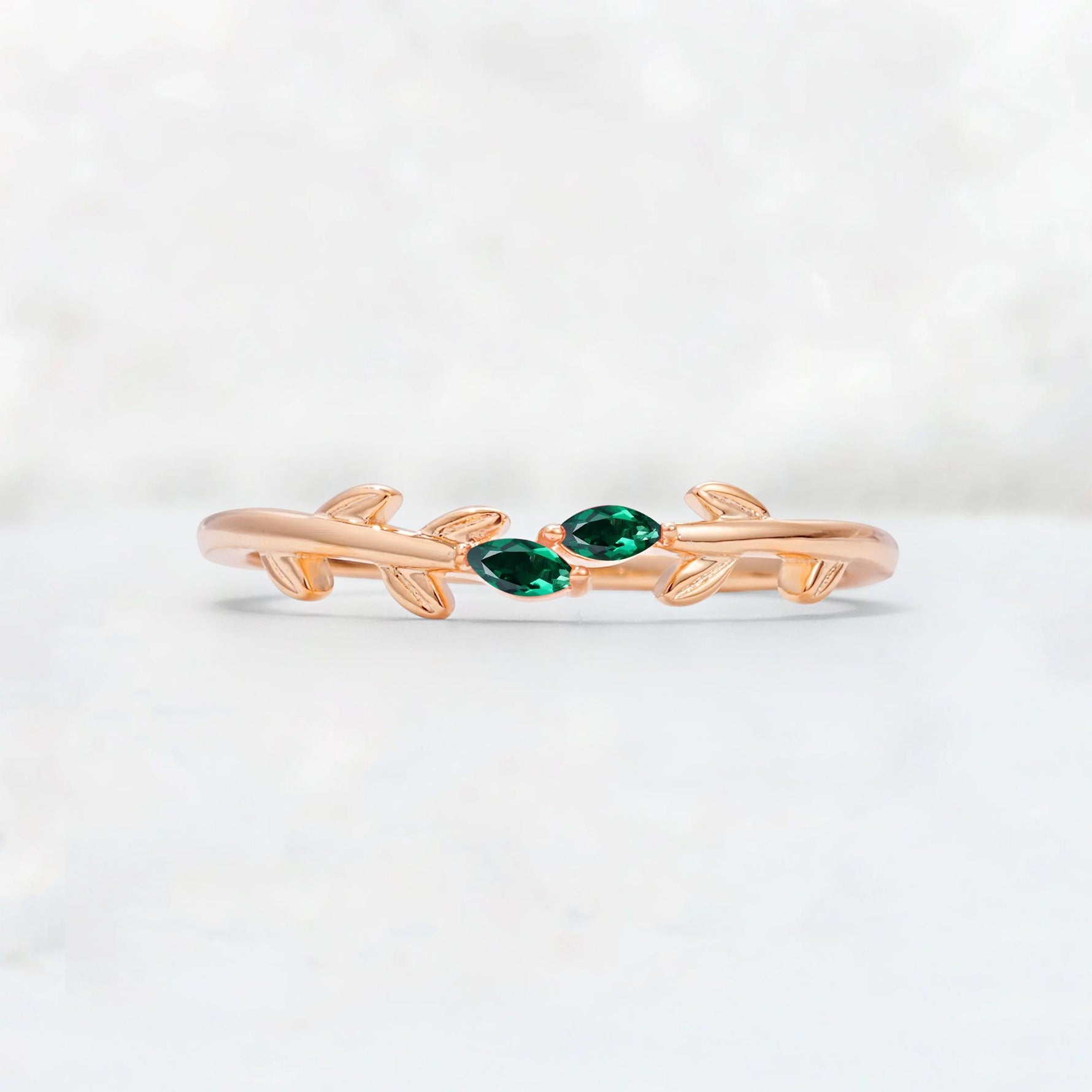 Nature-Inspired Marquise Cut Emerald Leaf Stacking Band - Additional view