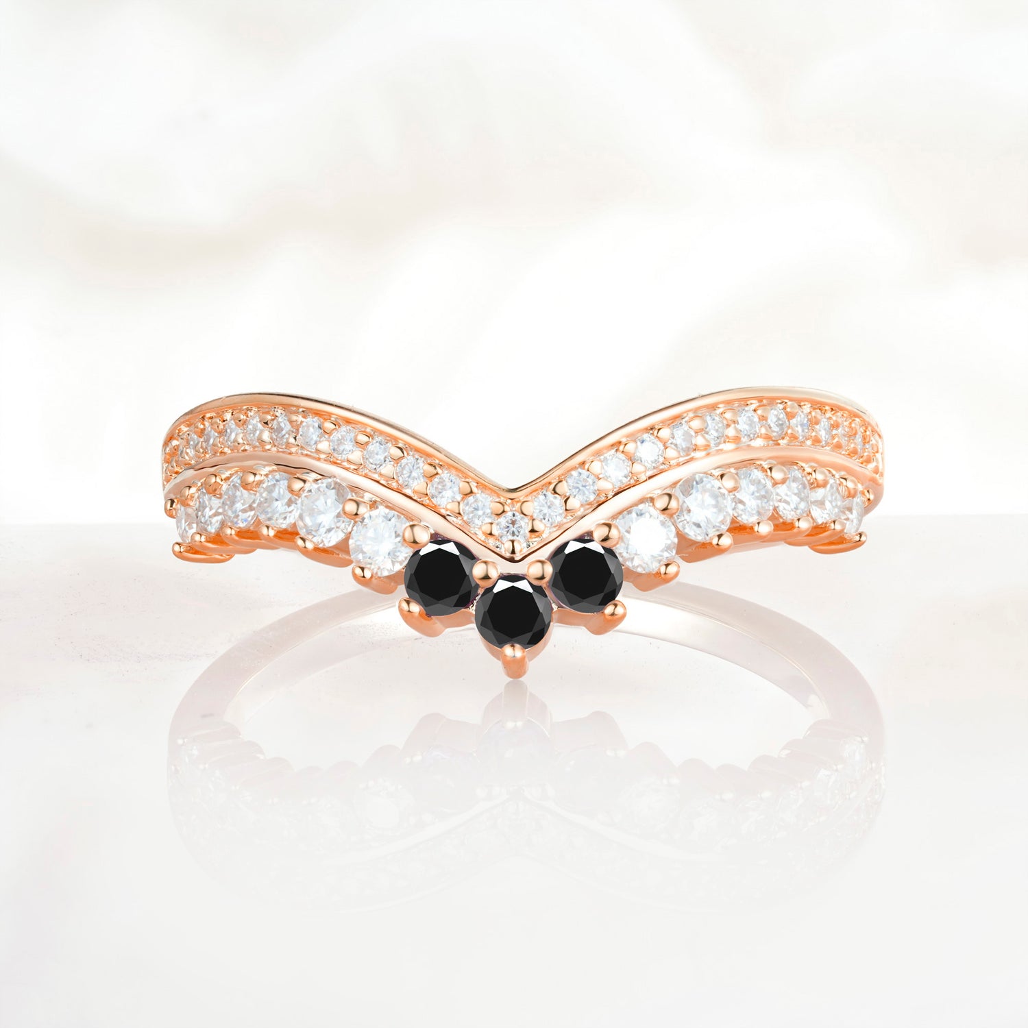 Vintage Round Cut Curved Chevron Black Onyx Ring Set for Women