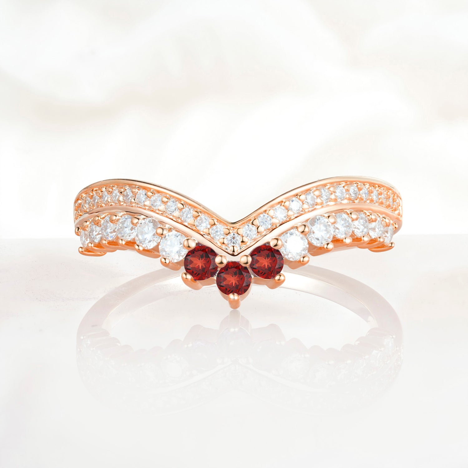 Vintage Round Cut Curved Chevron Garnet Ring Set for Women