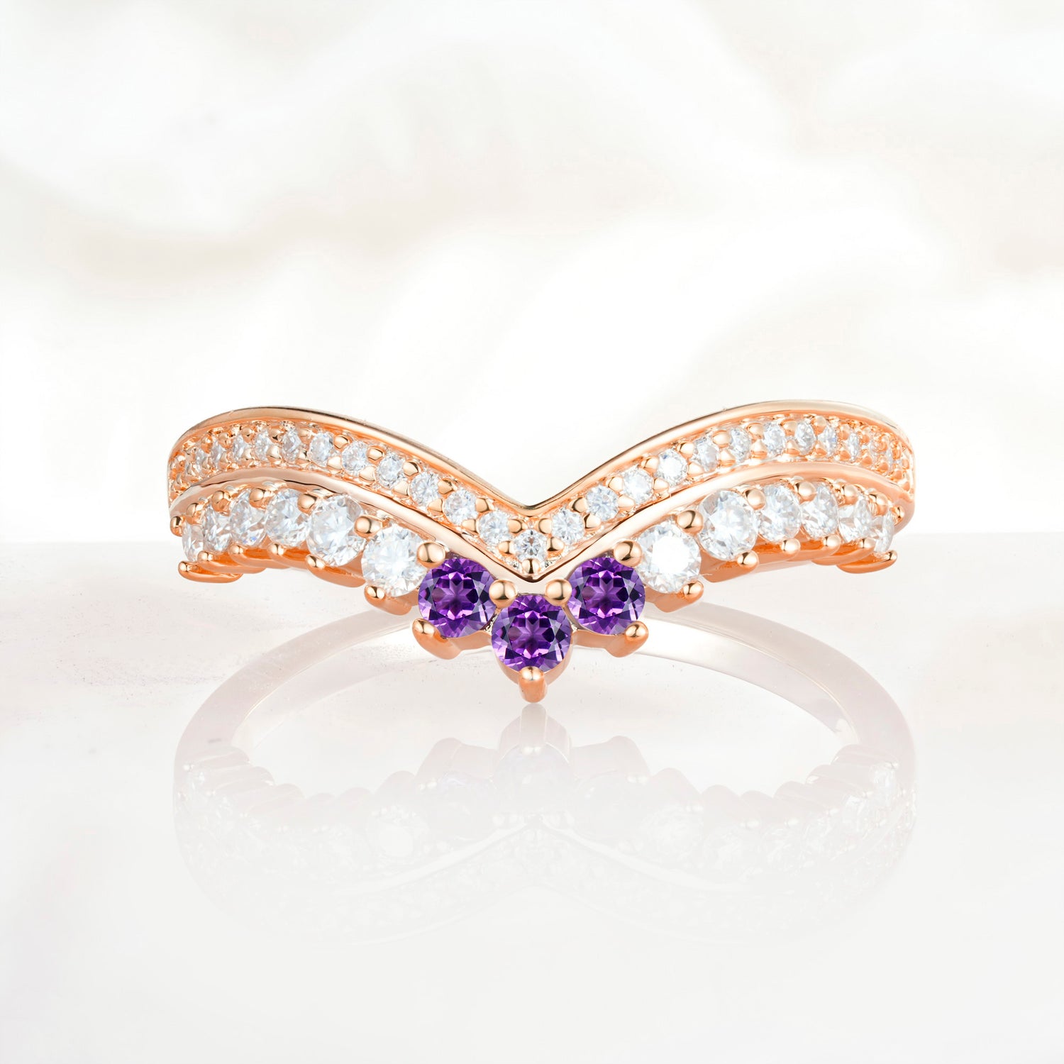 Vintage Round Cut Curved Chevron Amethyst Ring Set for Women