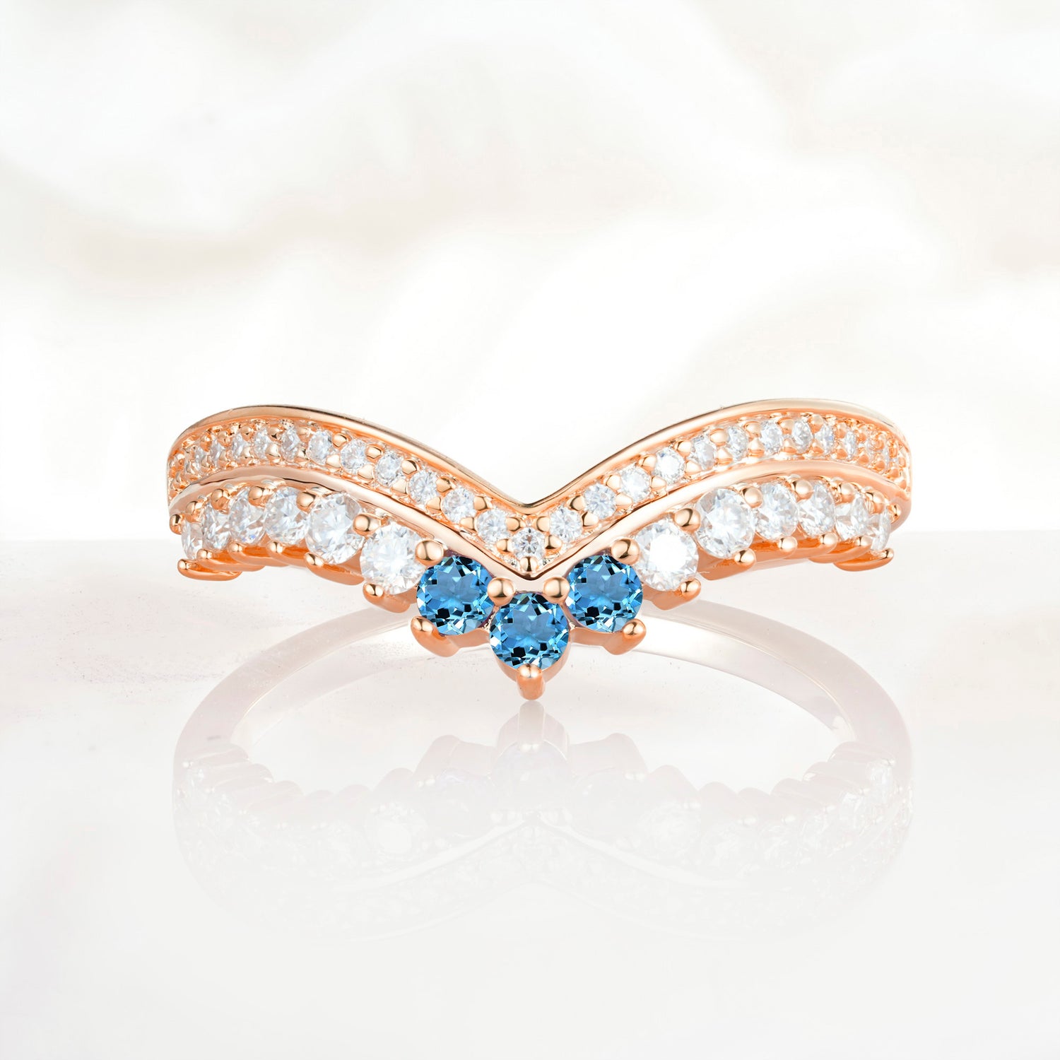 Vintage Round Cut Curved Chevron Aquamarine Ring Set for Women