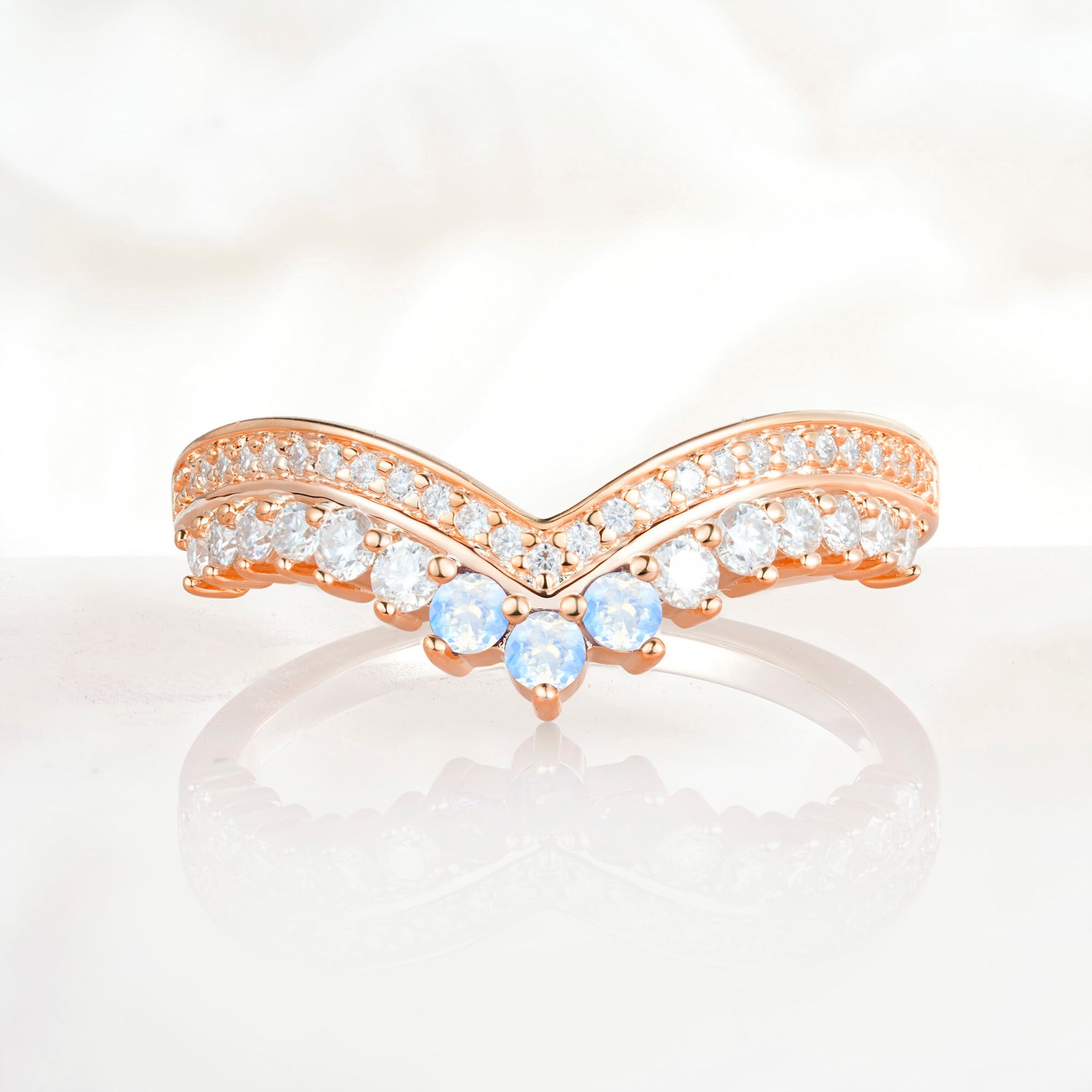 Vintage Round Cut Curved Chevron Moonstone Ring Set for Women