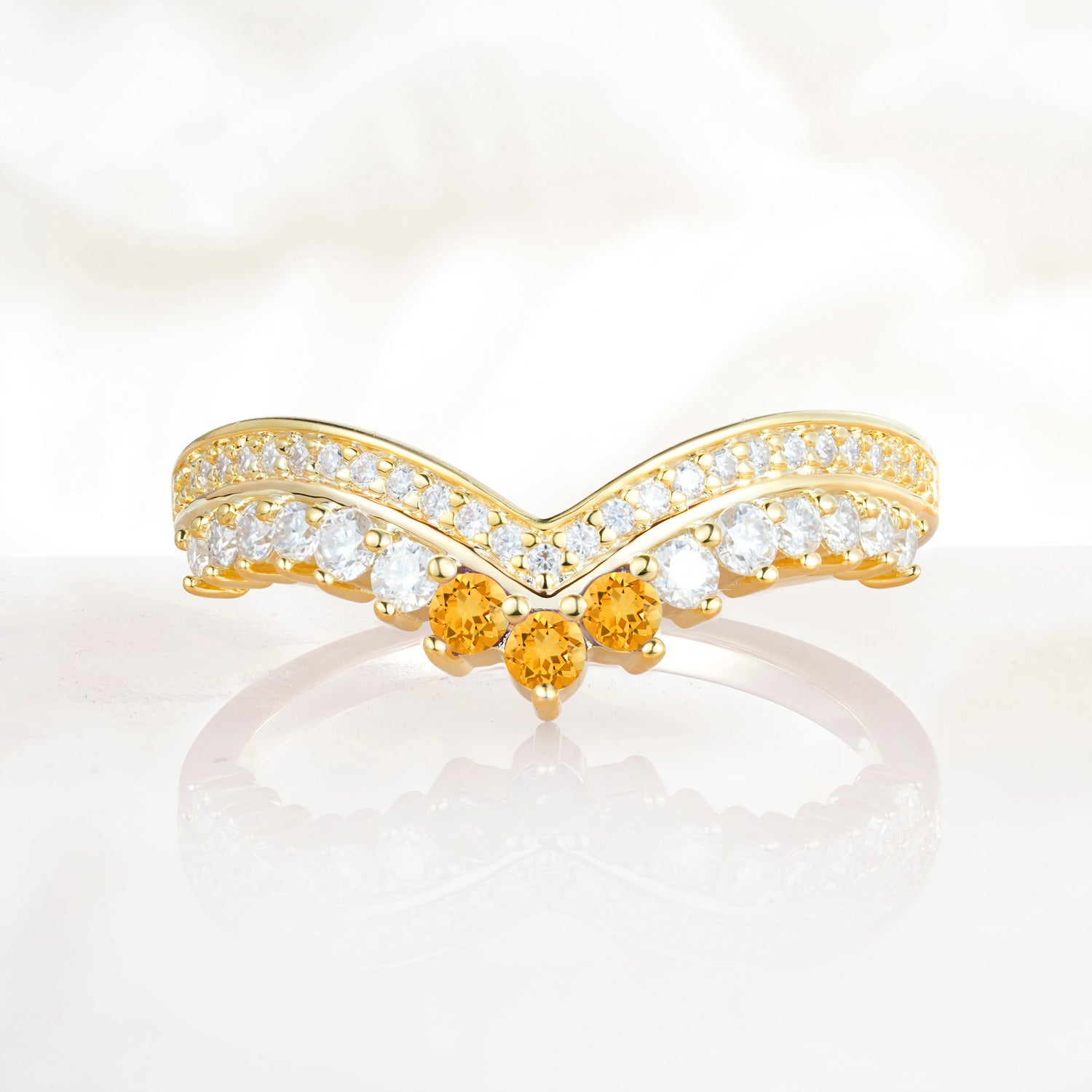 Vintage Round Cut Curved Chevron Citrine Ring Set for Women