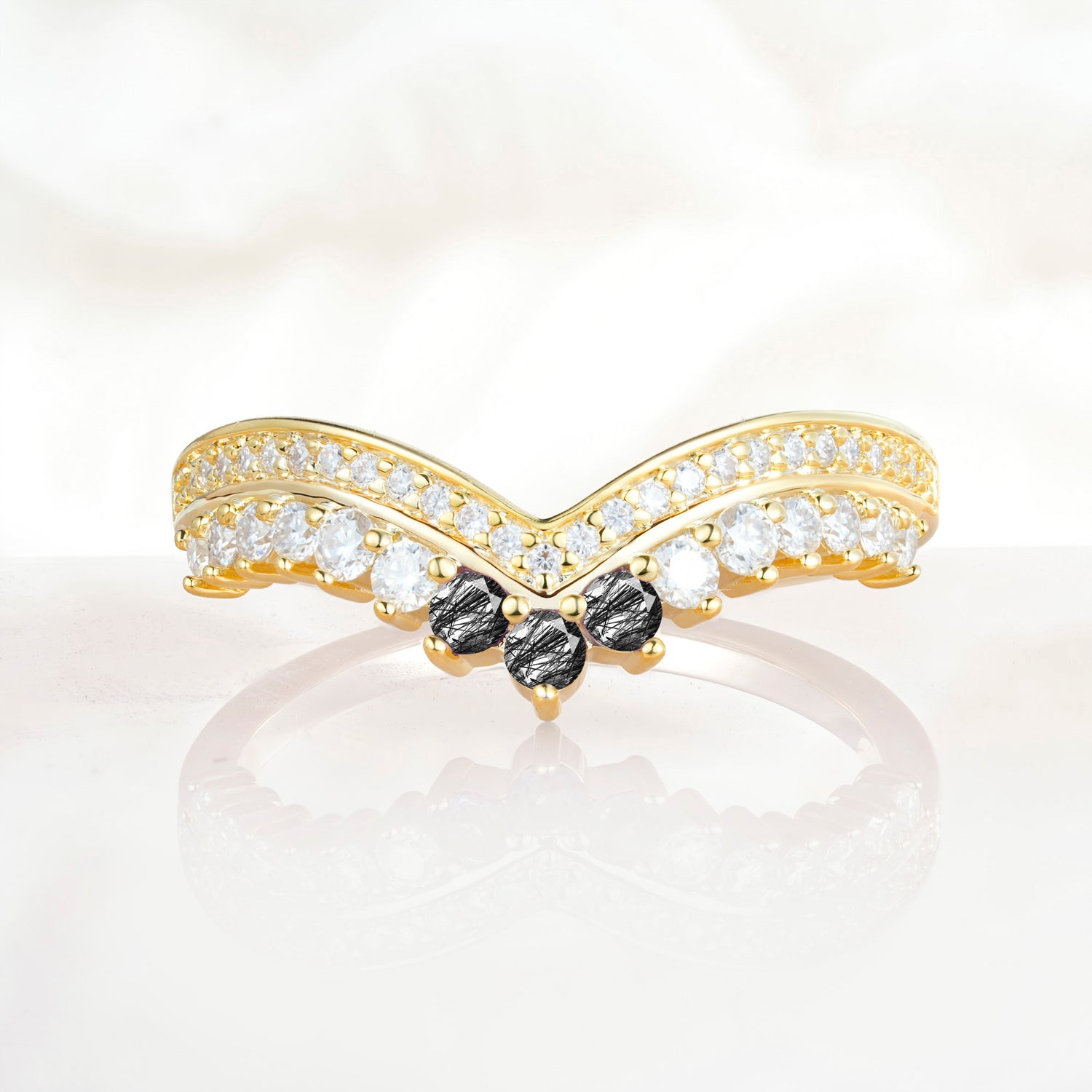 Vintage Round Cut Curved Chevron Black Rutilated Quartz Ring Set for Women
