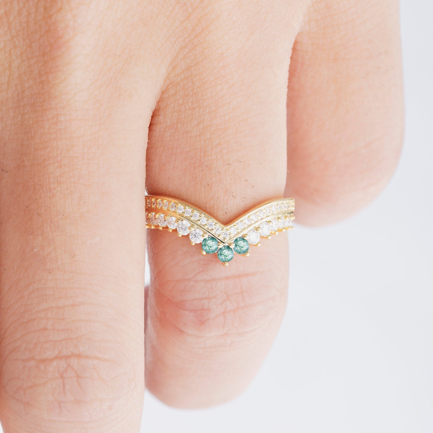 Vintage Round Cut Curved Chevron Moss Agate Ring Set for Women