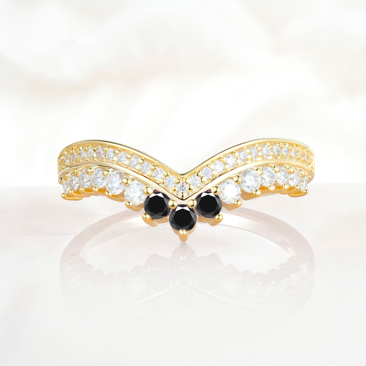 Vintage Round Cut Curved Chevron Black Onyx Ring Set for Women