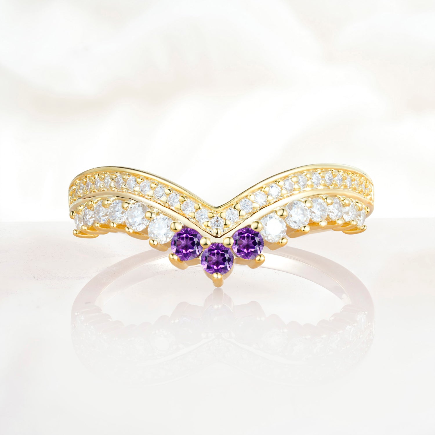 Vintage Round Cut Curved Chevron Amethyst Ring Set for Women