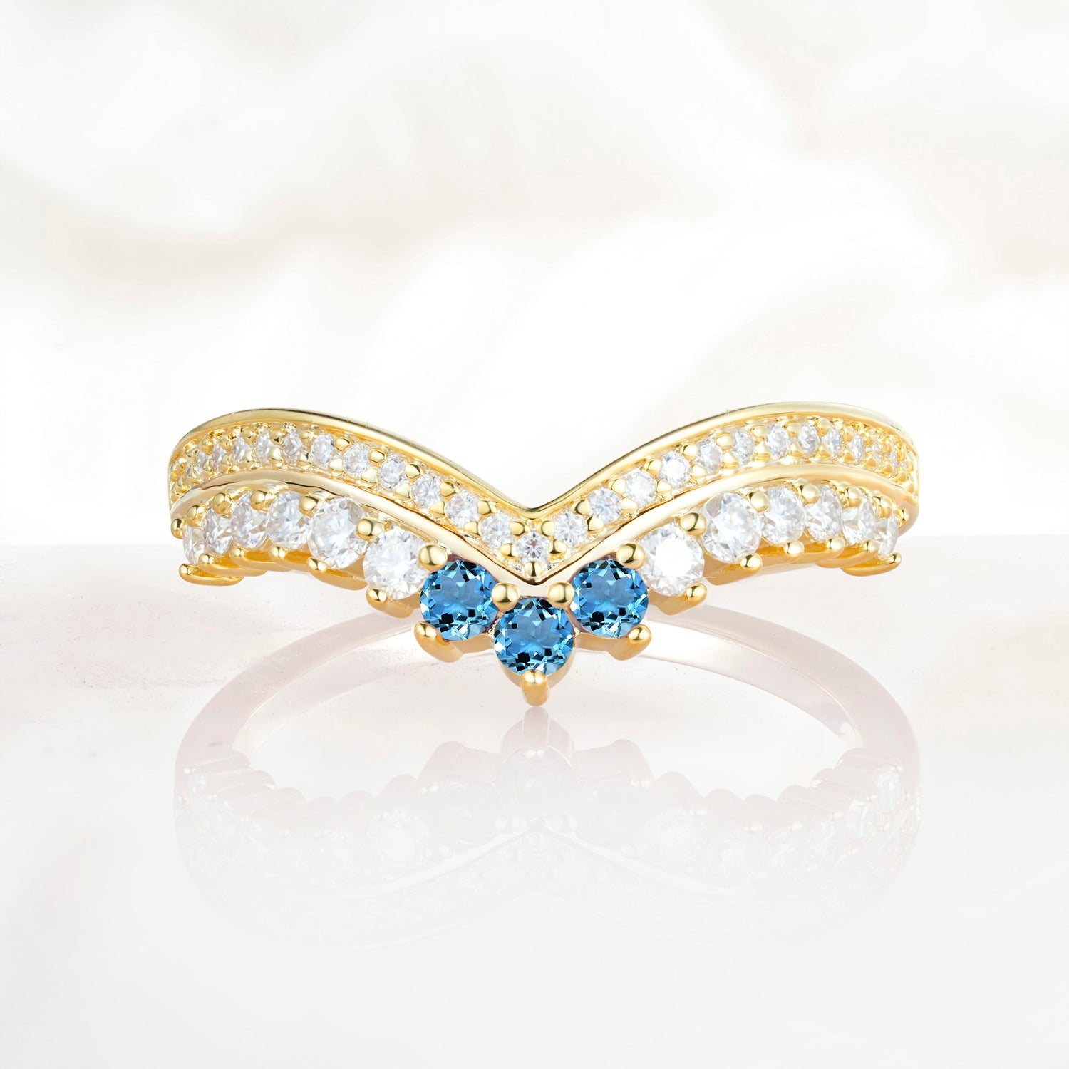 Vintage Round Cut Curved Chevron Aquamarine Ring Set for Women