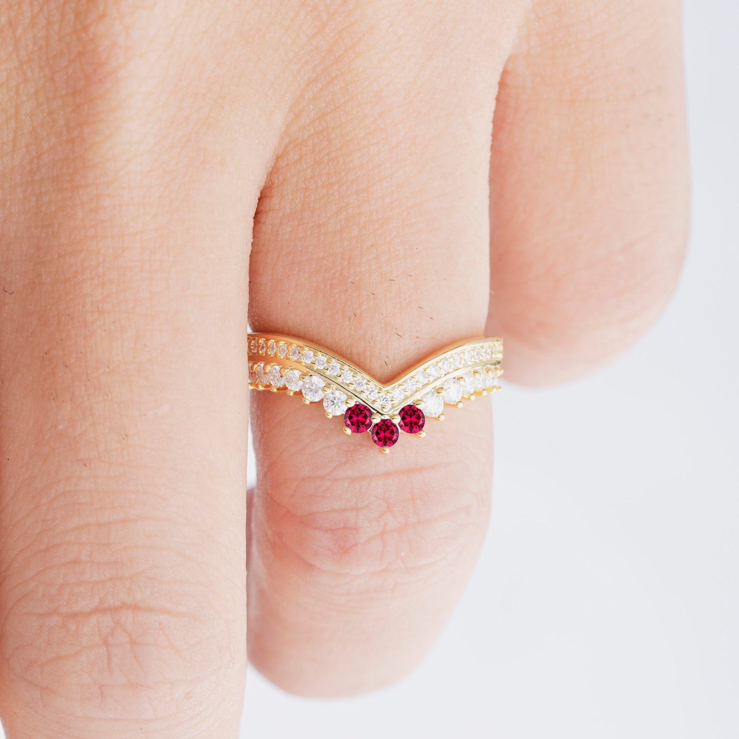 Vintage Round Cut Curved Chevron Ruby Ring Set for Women
