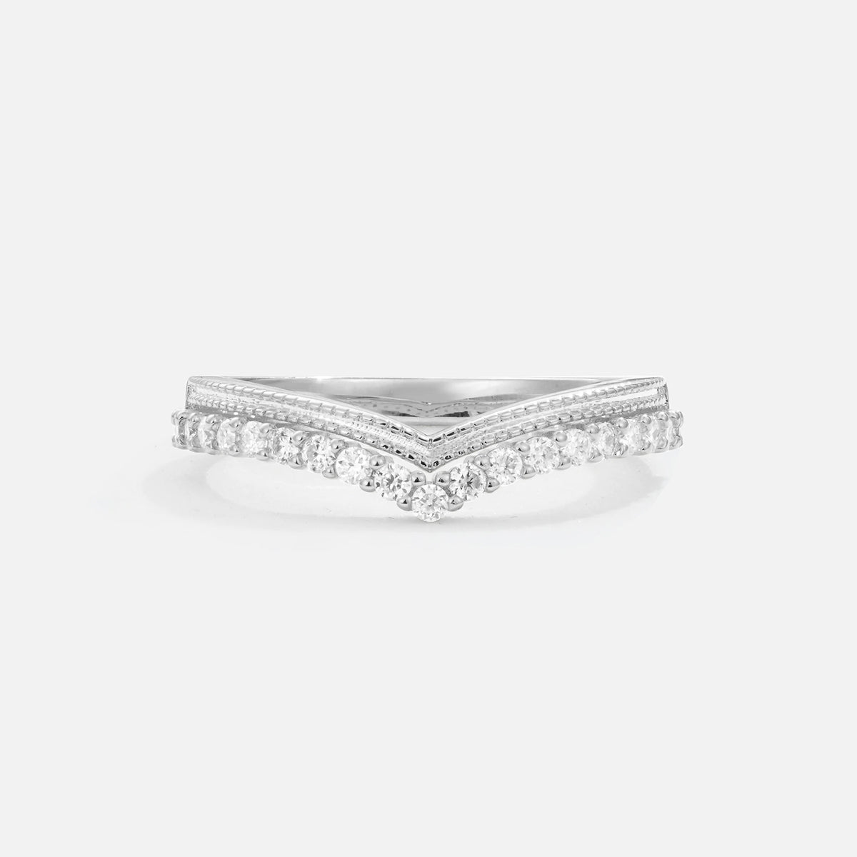 Chevron Moissanite V Shaped Wedding Band with Milgrain Detail - Additional view