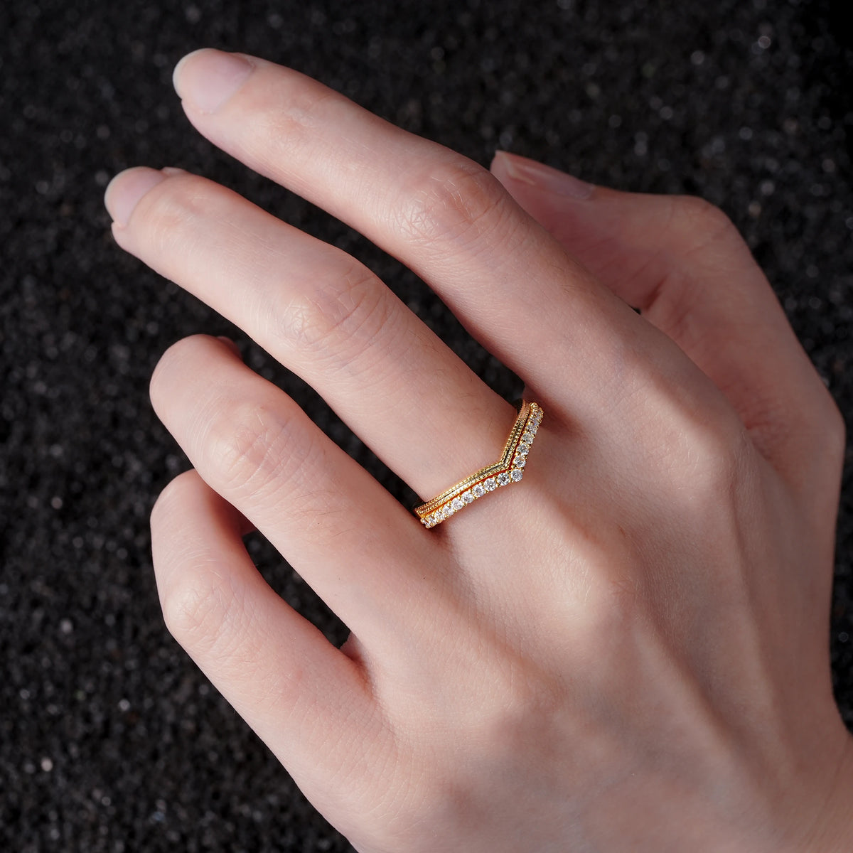 Chevron Moissanite V Shaped Wedding Band with Milgrain Detail - Additional view
