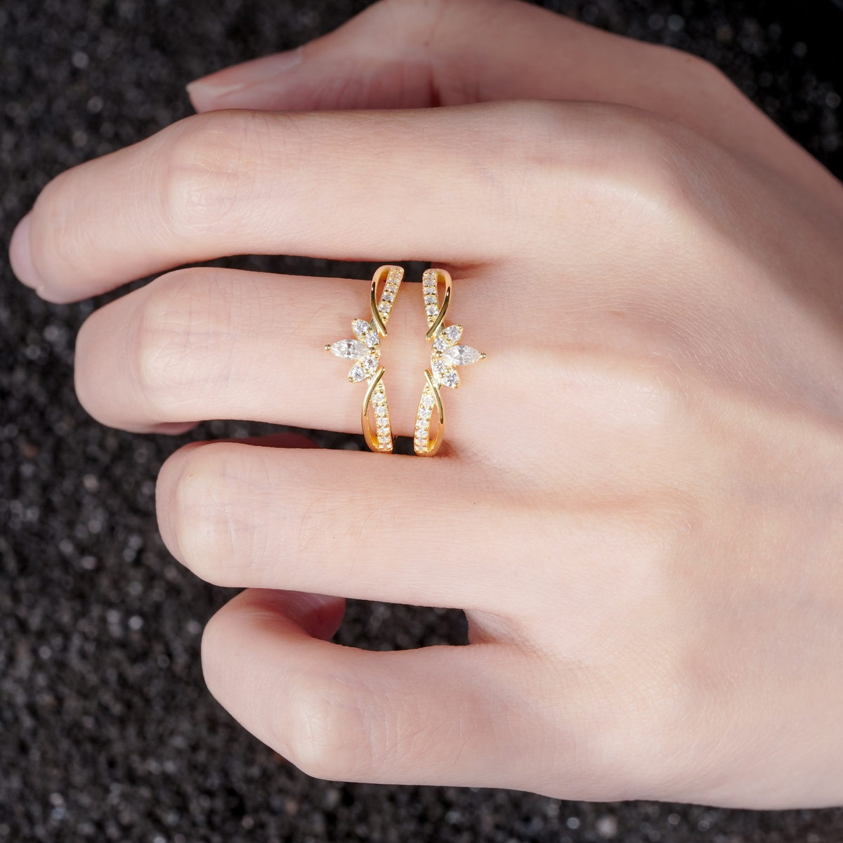 Marquise Cut Floral Crown Double Wedding Ring - Additional view