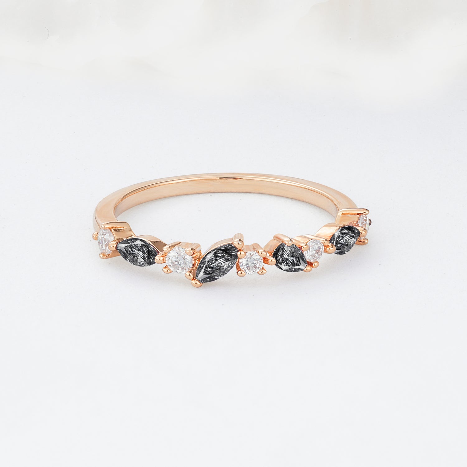 Delicate Marquise Cut Half Eternity Black Rutilated Quartz Wedding Band