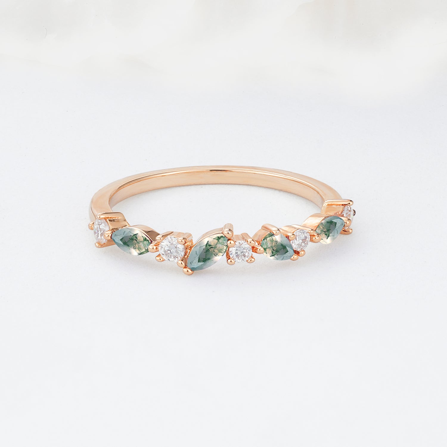 Delicate Marquise Cut Half Eternity Moss Agate Wedding Band