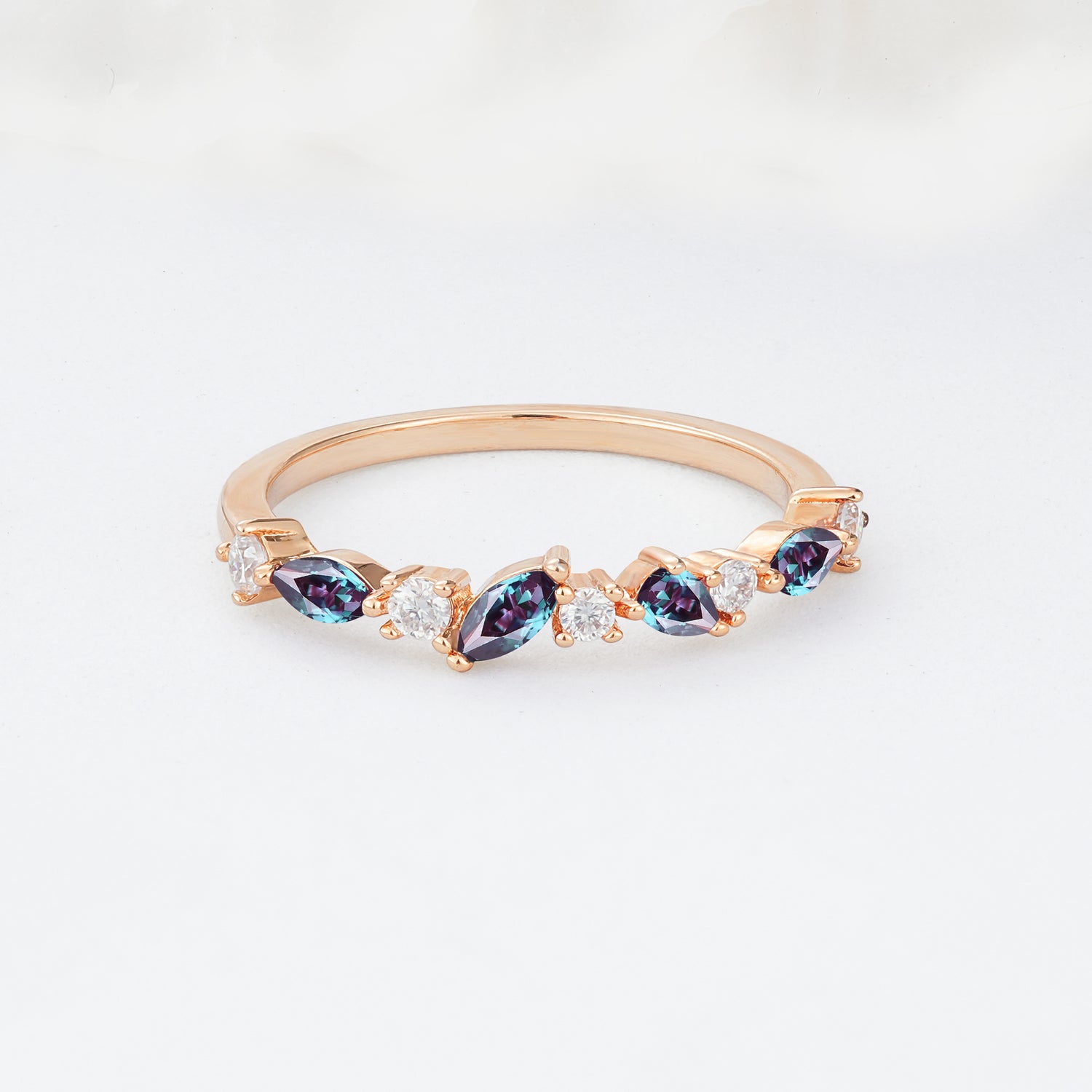 Delicate Marquise Cut Half Eternity Alexandrite Wedding Band