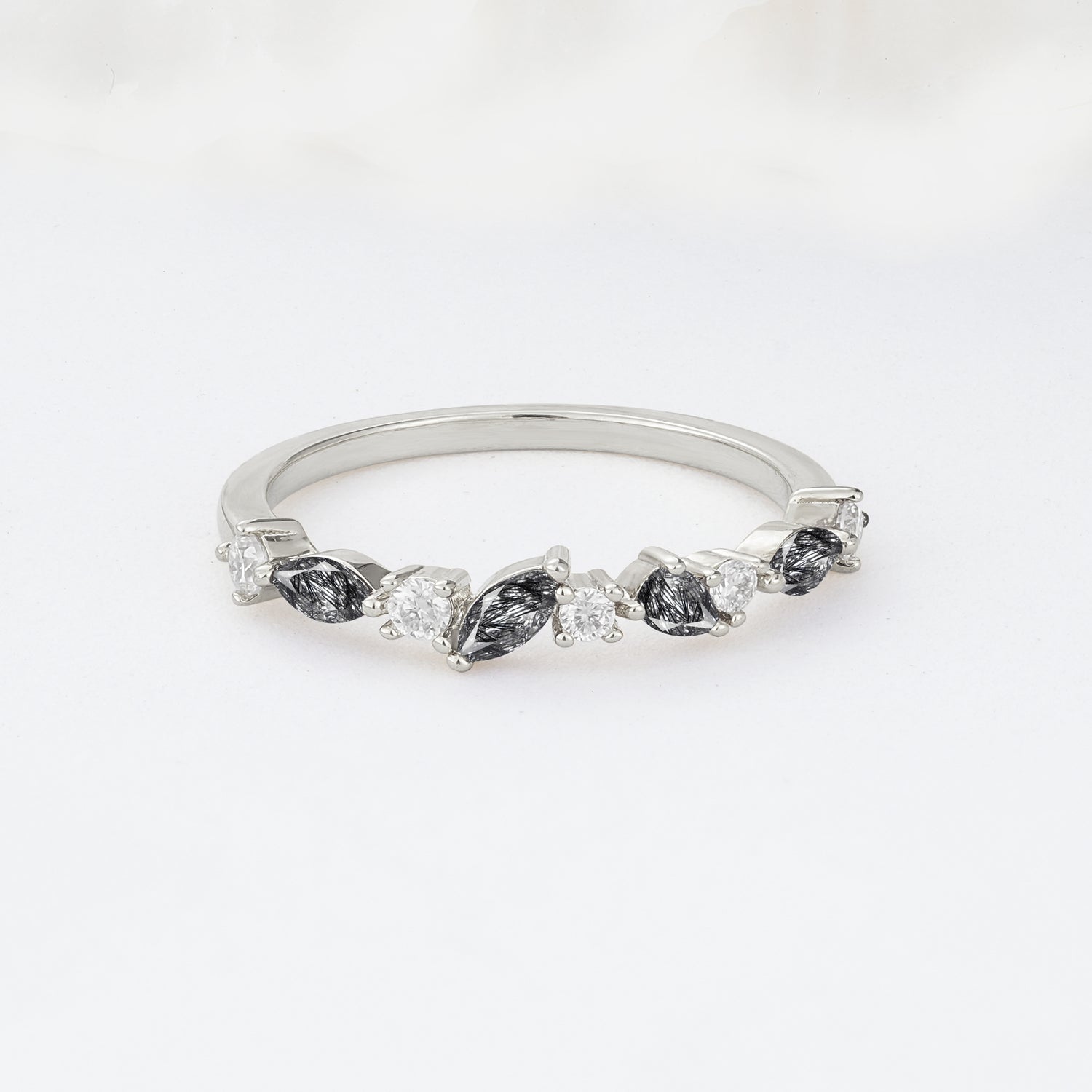 Delicate Marquise Cut Half Eternity Black Rutilated Quartz Wedding Band