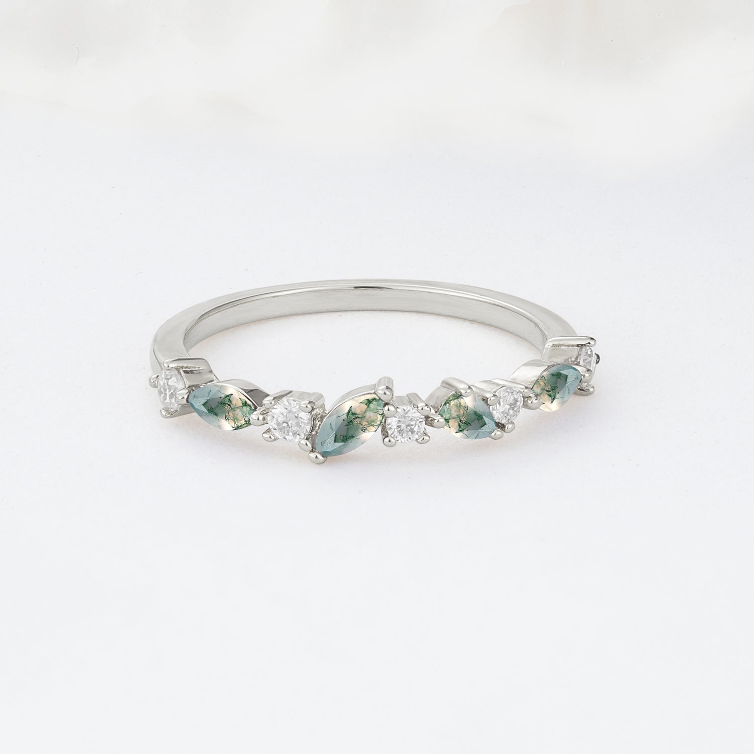 Delicate Marquise Cut Half Eternity Moss Agate Wedding Band