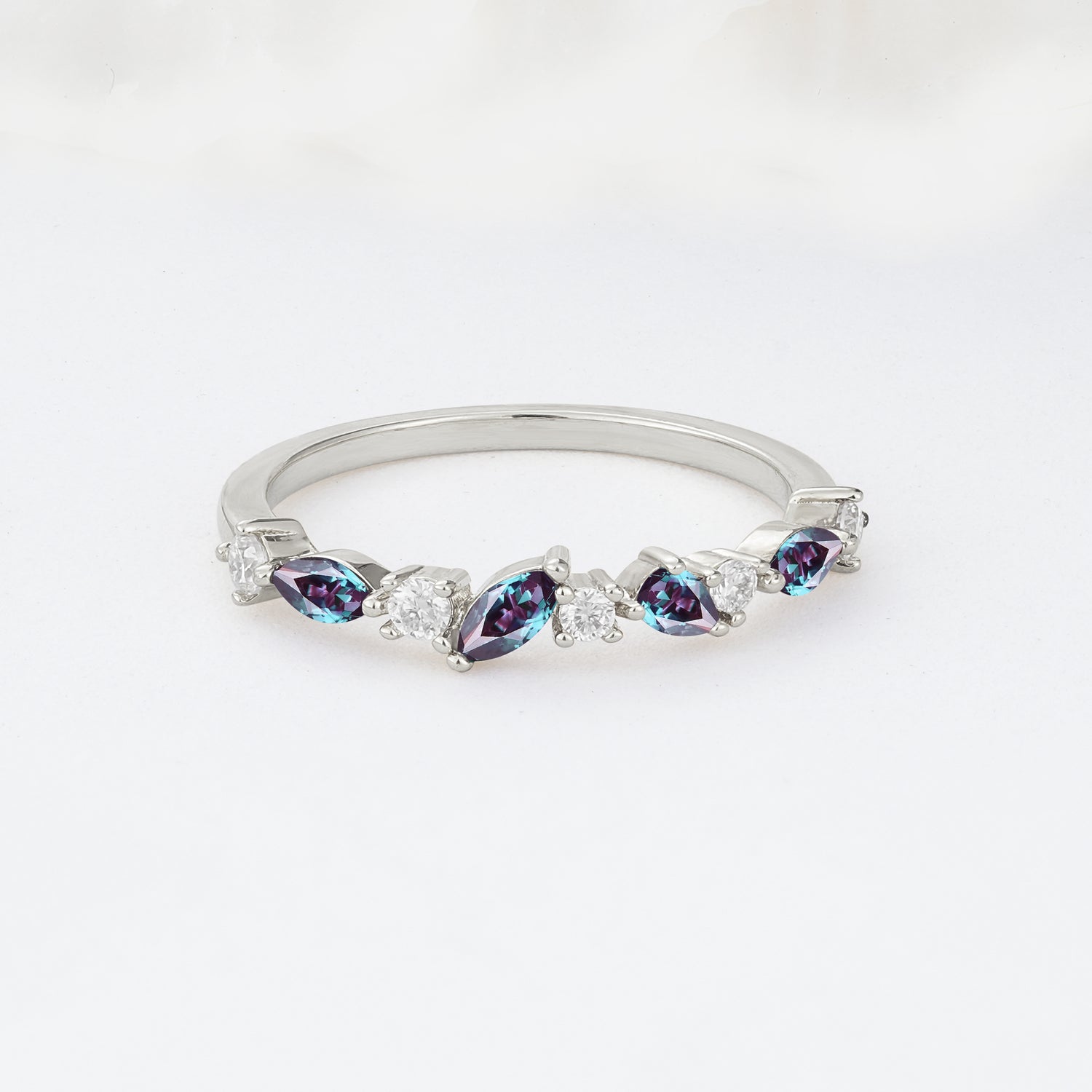 Delicate Marquise Cut Half Eternity Alexandrite Wedding Band