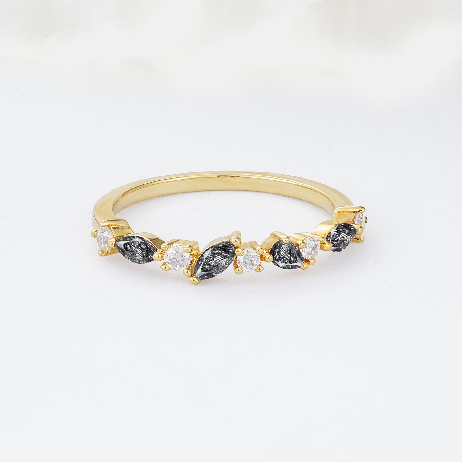 Delicate Marquise Cut Half Eternity Black Rutilated Quartz Wedding Band