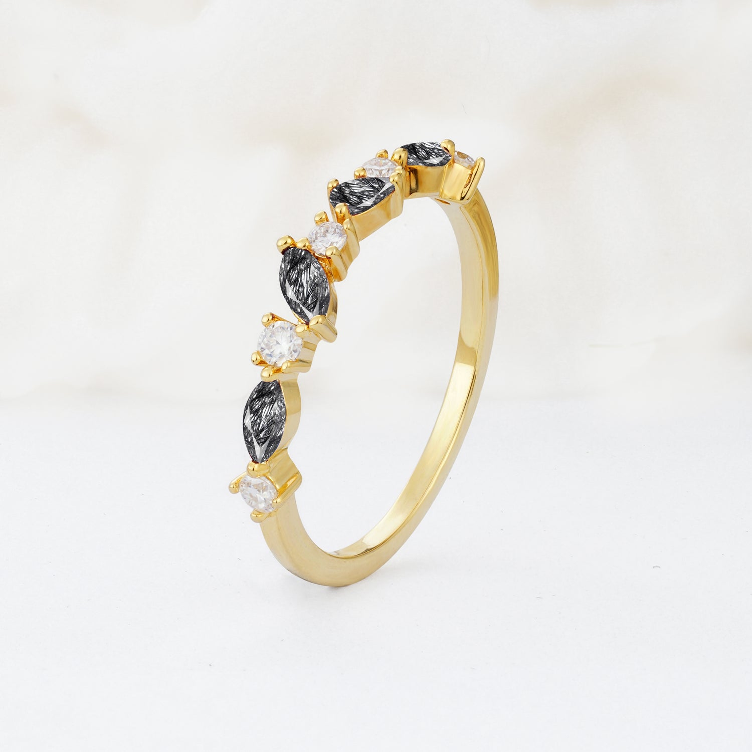 Delicate Marquise Cut Half Eternity Black Rutilated Quartz Wedding Band