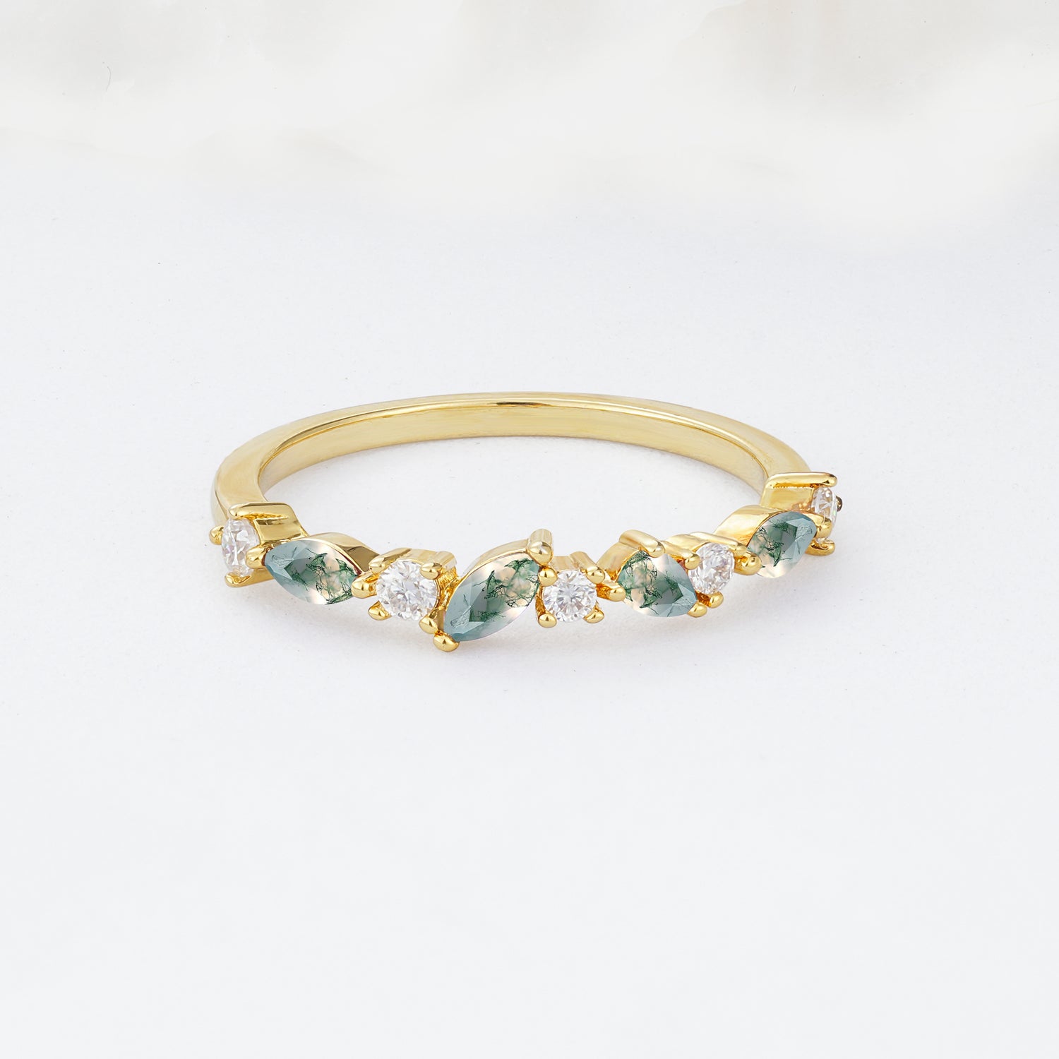 Delicate Marquise Cut Half Eternity Moss Agate Wedding Band