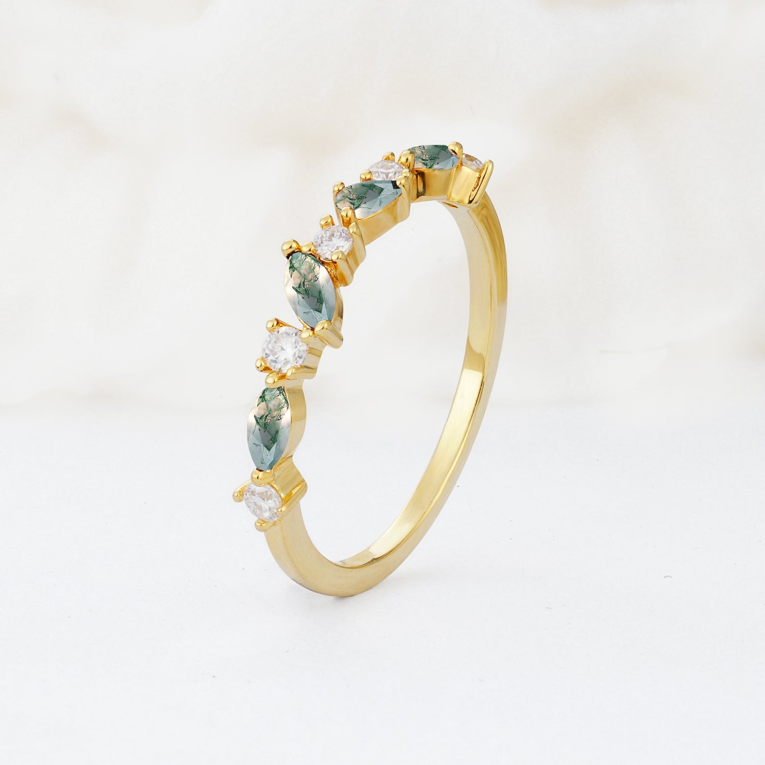 Delicate Marquise Cut Half Eternity Moss Agate Wedding Band