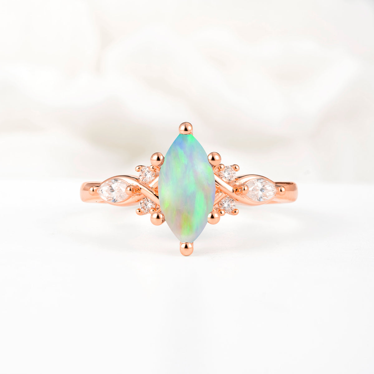 Classic Marquise Cut Side Accent Twisted Shank Fire Opal Engagement Ring - Additional view