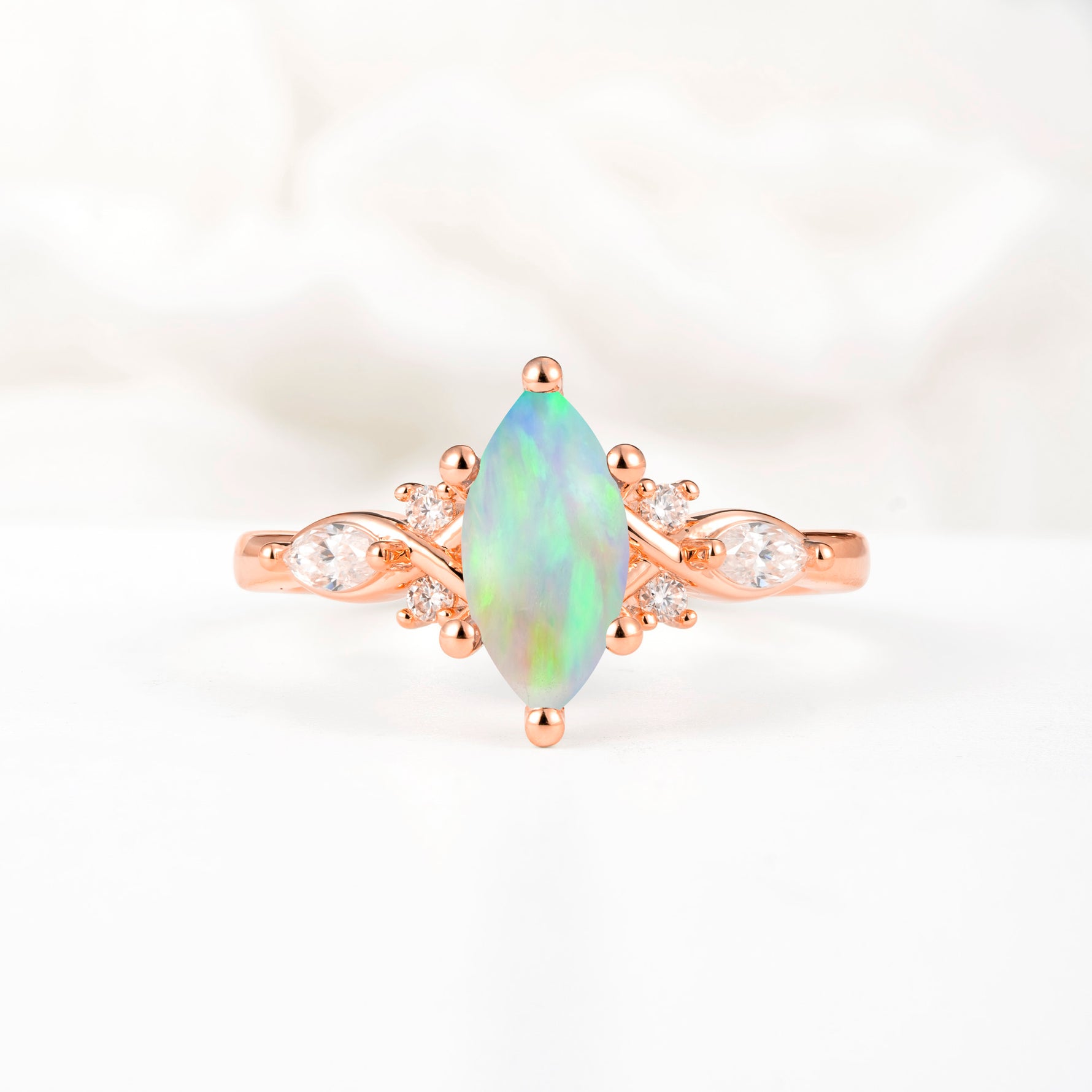 Classic Marquise Cut Side Accent Twisted Shank Fire Opal Engagement Ring - Additional view