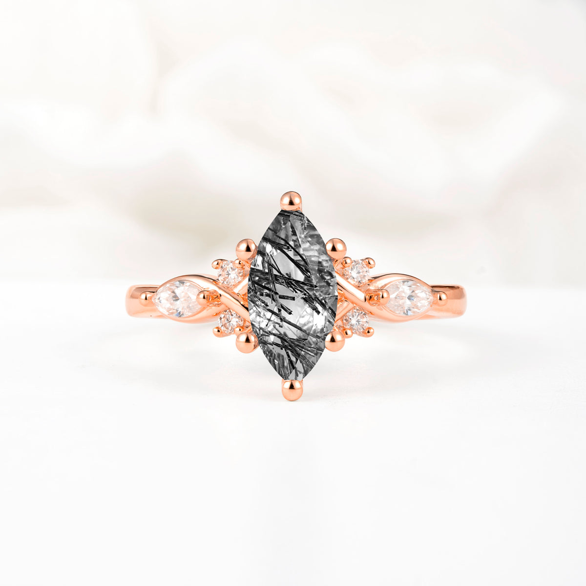 Classic Marquise Cut Side Accent Twisted Shank Black Rutilated Quartz Engagement Ring - Additional view