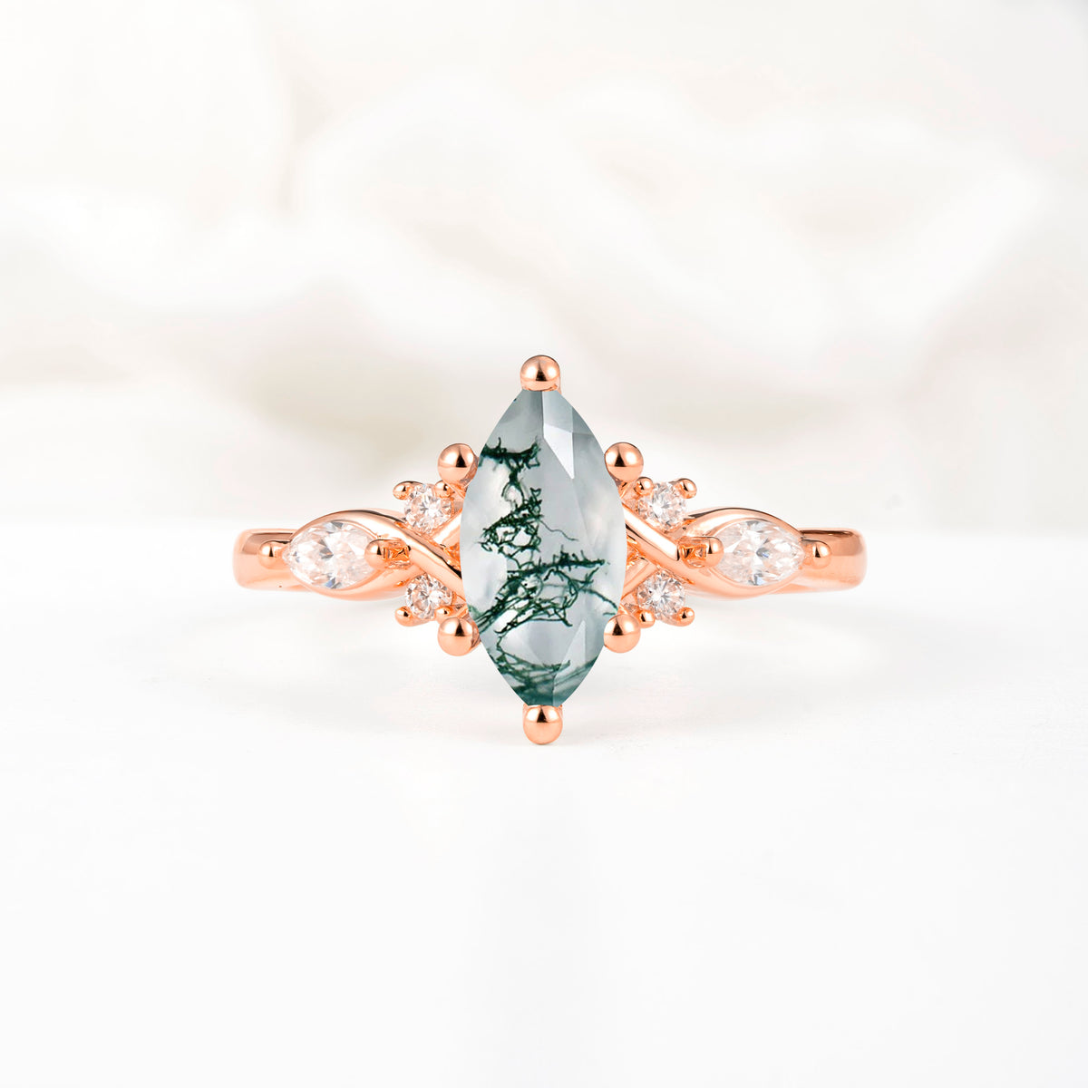 Classic Marquise Cut Side Accent Twisted Shank Moss Agate Engagement Ring - Additional view